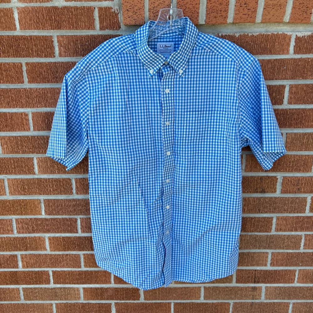 LL Bean Button Down Shirt Men’s M Blue Check Short Sleeve Traditional Fit